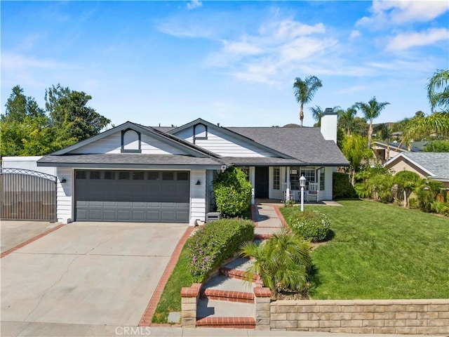 27724 Crookshank Dr, Saugus, CA 91350 - ranch-style house with an attached garage, a front yard, driveway, a chimney, and a shingled roof