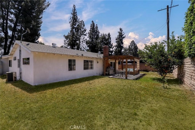 7729 Sedan Ave, West Hills, CA 91304 - rear view of house featuring a fenced backyard, stucco siding, a patio area, a chimney, and a pergola
