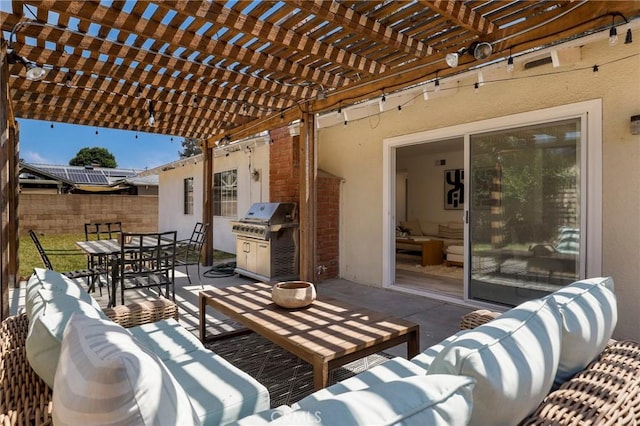 7729 Sedan Ave, West Hills, CA 91304 - view of patio featuring outdoor lounge area, outdoor dining space, area for grilling, and a pergola