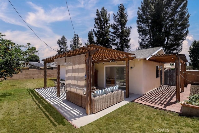 7729 Sedan Ave, West Hills, CA 91304 - rear view of property with a pergola, stucco siding, a patio area, and outdoor lounge area