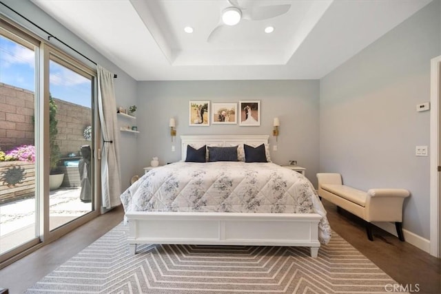 1638 Monterey Ave, Grover Beach, CA 93433 - bedroom featuring access to outside, recessed lighting, a tray ceiling, and a ceiling fan