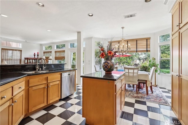 26942 Willow Tree Ln, Laguna Hills, CA 92653 - kitchen featuring tile patterned floors, stainless steel dishwasher, dark countertops, recessed lighting, and a chandelier