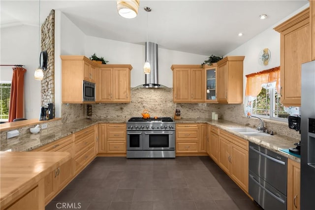 4766 Egret Ln, Paso Robles, CA 93446 - kitchen featuring stainless steel appliances, vaulted ceiling, wall chimney exhaust hood, tasteful backsplash, and glass insert cabinets
