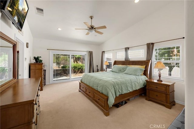 4766 Egret Ln, Paso Robles, CA 93446 - bedroom with access to outside, lofted ceiling, light carpet, recessed lighting, and ceiling fan
