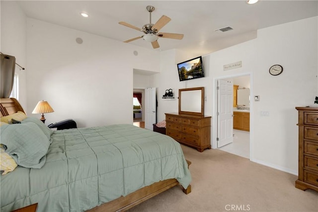 4766 Egret Ln, Paso Robles, CA 93446 - bedroom with light carpet, recessed lighting, lofted ceiling, and a ceiling fan
