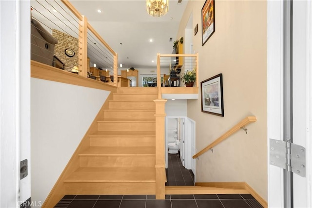 4766 Egret Ln, Paso Robles, CA 93446 - stairs with tile patterned floors, recessed lighting, and a chandelier