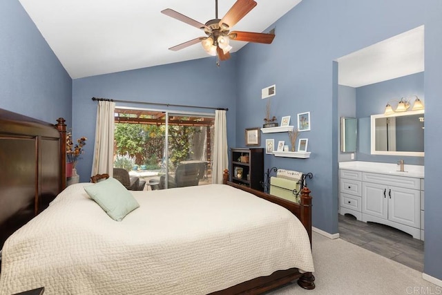 5550 La Cuenta Dr, San Diego, CA 92124 - bedroom with high vaulted ceiling, carpet, and ceiling fan