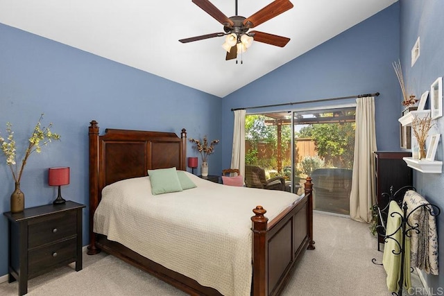 5550 La Cuenta Dr, San Diego, CA 92124 - bedroom featuring light colored carpet, access to exterior, high vaulted ceiling, and ceiling fan