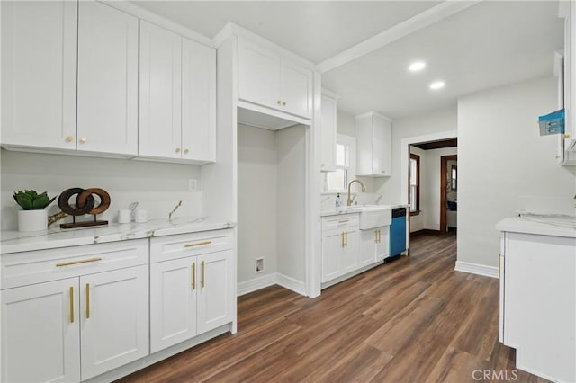 8680 Evergreen Ave, South Gate, CA 90280 - kitchen featuring dark wood-style flooring, white cabinetry, dishwasher, recessed lighting, and light stone countertops