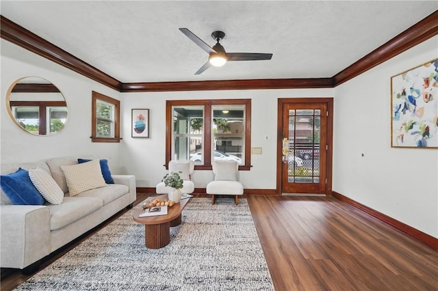 8680 Evergreen Ave, South Gate, CA 90280 - living area with wood finished floors, crown molding, and a ceiling fan