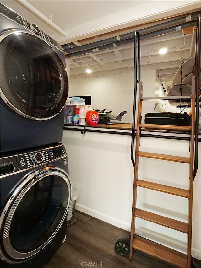 229 Marine Pl, Manhattan Beach, CA 90266 - laundry area with stacked washer and clothes dryer and dark wood-style floors