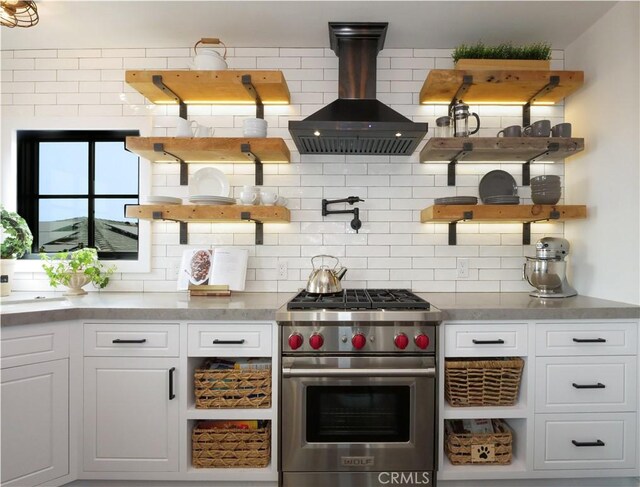 229 Marine Pl, Manhattan Beach, CA 90266 - kitchen featuring luxury stove, ventilation hood, white cabinets, backsplash, and open shelves