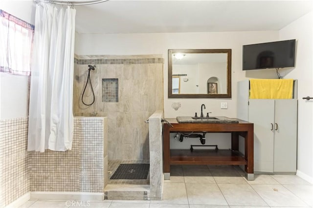 4519 9th Ave, Los Angeles, CA 90043 - bathroom featuring walk in shower, tile patterned floors, and vanity