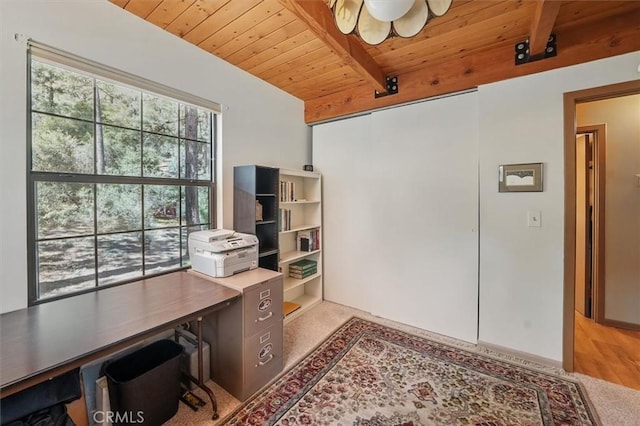 2229 Birchwood Way, Pine Mountain Club, CA 93222 - office space with a wood ceiling with exposed beams and carpet flooring