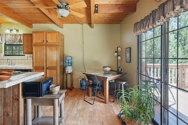 2229 Birchwood Way, Pine Mountain Club, CA 93222 - kitchen featuring tile countertops, a wood ceiling with exposed beams, black microwave, light wood-style flooring, and a ceiling fan