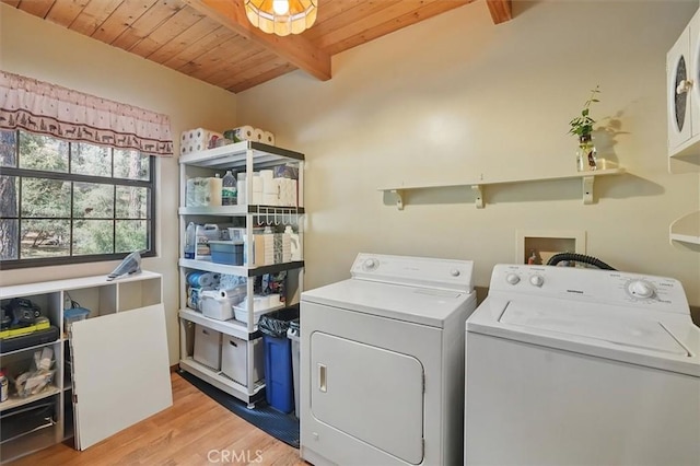2229 Birchwood Way, Pine Mountain Club, CA 93222 - washroom featuring washing machine and clothes dryer, wooden ceiling, and light wood-style flooring
