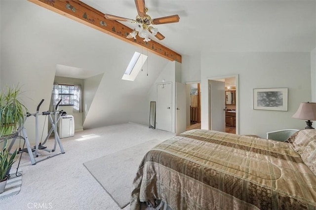 2229 Birchwood Way, Pine Mountain Club, CA 93222 - carpeted bedroom with a skylight, connected bathroom, and ceiling fan