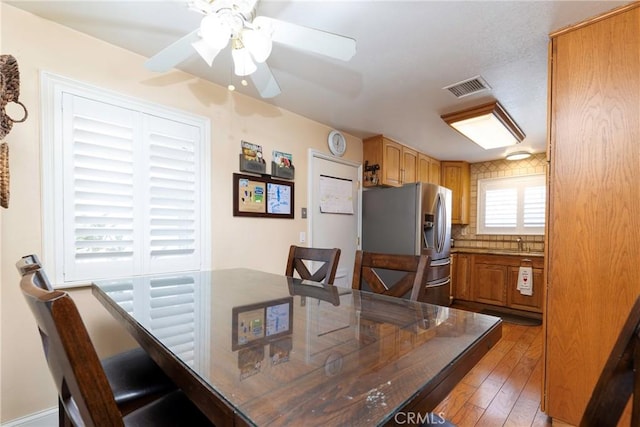 14913 San Ardo Dr, La Mirada, CA 90638 - dining space featuring ceiling fan and hardwood / wood-style floors