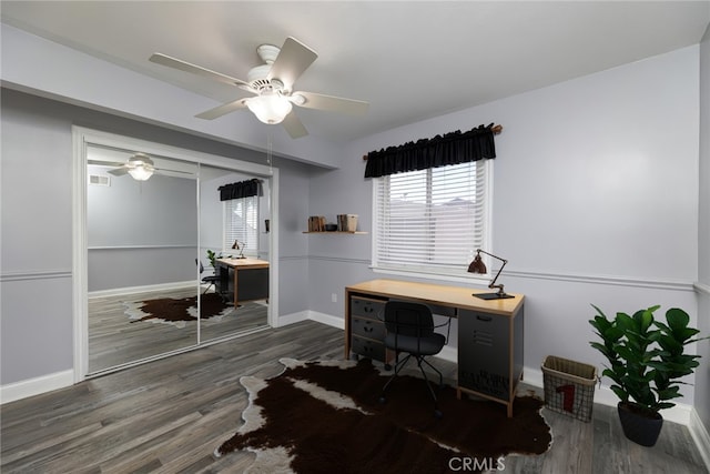 14913 San Ardo Dr, La Mirada, CA 90638 - office space with a ceiling fan, wood finished floors, and plenty of natural light