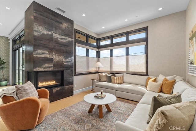 802 Bard St, Hermosa Beach, CA 90254 - living area with a large fireplace, recessed lighting, and carpet