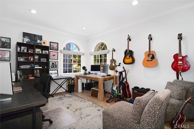 29614 Ridgeway Dr, Agoura Hills, CA 91301 - office featuring ornamental molding, recessed lighting, and wood finished floors
