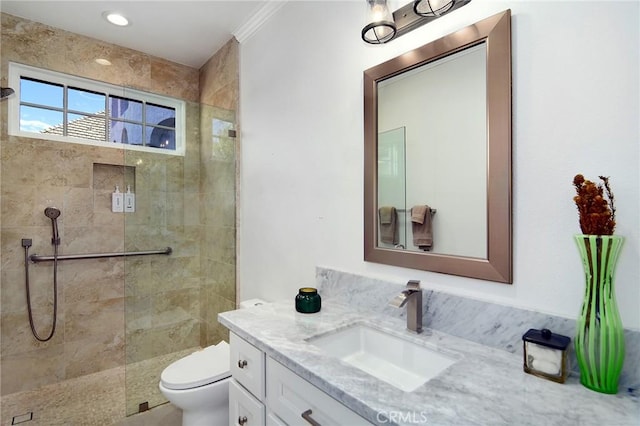 29614 Ridgeway Dr, Agoura Hills, CA 91301 - bathroom featuring vanity, tiled shower, and crown molding