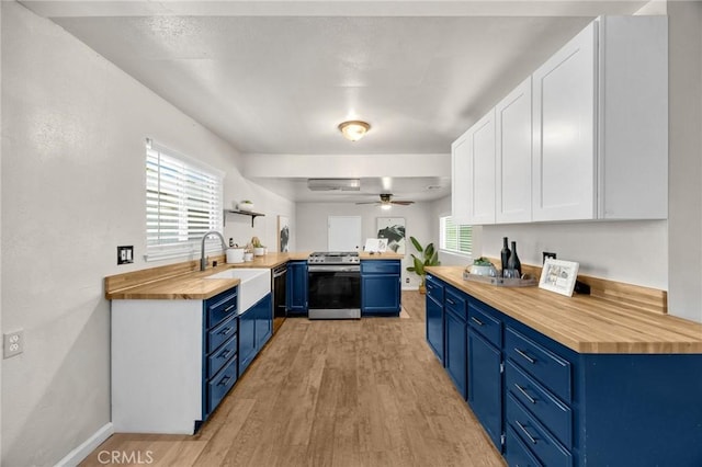 350 E Olive Ave, La Habra, CA 90631 - kitchen featuring wood counters, blue cabinetry, electric stove, and light wood-style flooring