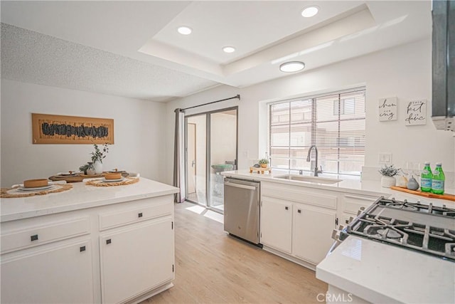 21715 Laurelrim Dr Unit D, Diamond Bar, CA 91765 - kitchen with stainless steel dishwasher, light wood-style floors, white cabinets, light countertops, and a tray ceiling