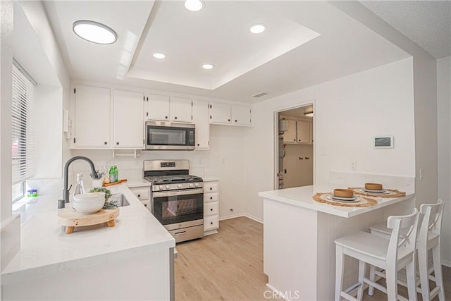 21715 Laurelrim Dr Unit D, Diamond Bar, CA 91765 - kitchen with stainless steel appliances, a tray ceiling, a peninsula, light wood finished floors, and light countertops