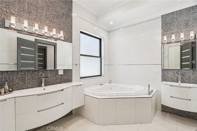 10418 Rubio Ave, Granada Hills, CA 91344 - bathroom with two vanities, a garden tub, tile patterned flooring, backsplash, and crown molding