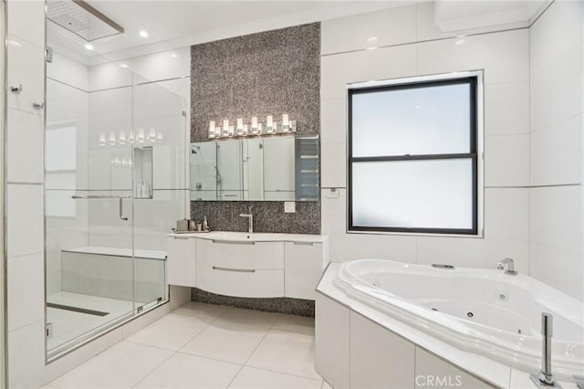 10418 Rubio Ave, Granada Hills, CA 91344 - full bath featuring a shower stall, vanity, a tub with jets, tile patterned floors, and recessed lighting