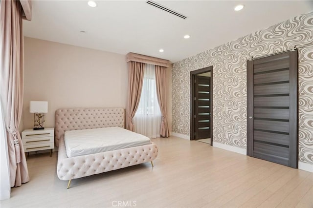 10418 Rubio Ave, Granada Hills, CA 91344 - bedroom featuring wallpapered walls, light wood-style floors, and recessed lighting