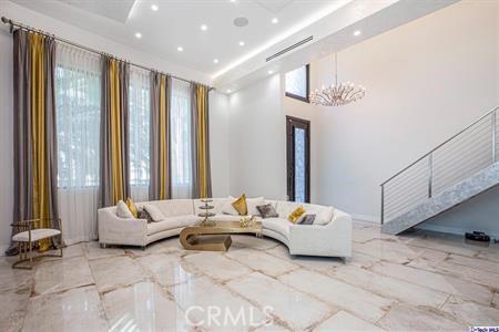10418 Rubio Ave, Granada Hills, CA 91344 - living room with marble tiled flooring, a chandelier, and recessed lighting