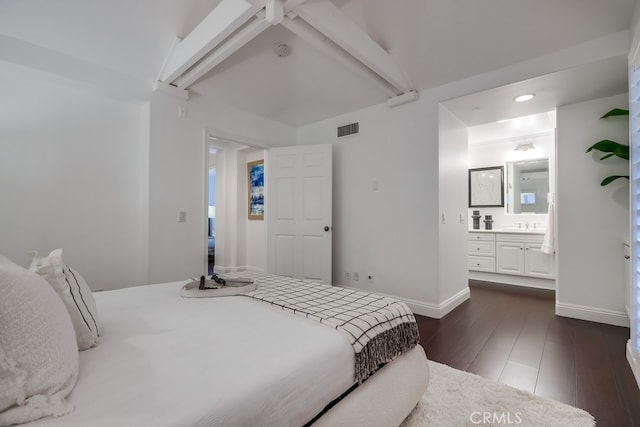 2569 Bungalow Pl, Corona Del Mar, CA 92625 - bedroom featuring beam ceiling, dark wood-style flooring, ensuite bath, and recessed lighting