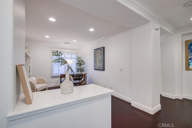 2569 Bungalow Pl, Corona Del Mar, CA 92625 - home office featuring dark wood finished floors, recessed lighting, and ornamental molding