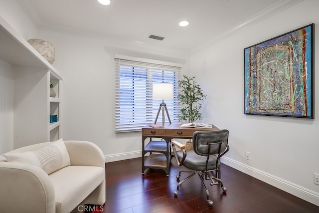 2569 Bungalow Pl, Corona Del Mar, CA 92625 - home office featuring crown molding, recessed lighting, and wood finished floors