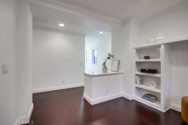 2569 Bungalow Pl, Corona Del Mar, CA 92625 - spare room featuring dark wood finished floors, ornamental molding, built in shelves, and recessed lighting