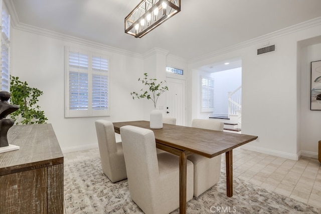 2569 Bungalow Pl, Corona Del Mar, CA 92625 - dining room with stairs and crown molding