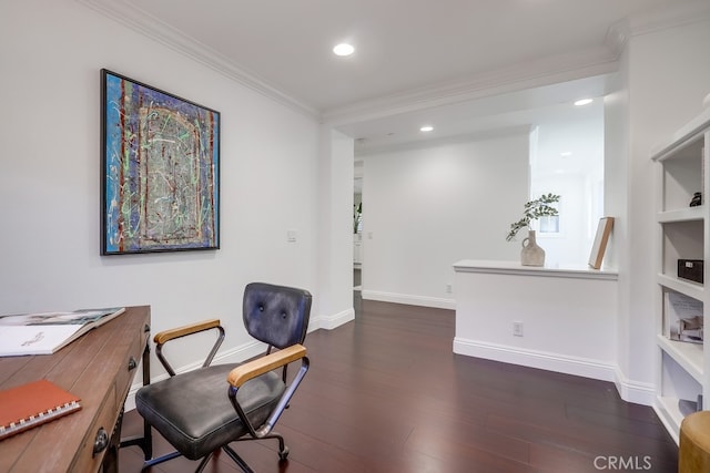2569 Bungalow Pl, Corona Del Mar, CA 92625 - office space featuring ornamental molding, dark wood-type flooring, and recessed lighting