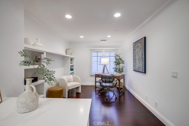 2569 Bungalow Pl, Corona Del Mar, CA 92625 - office area featuring crown molding, wood finished floors, and recessed lighting