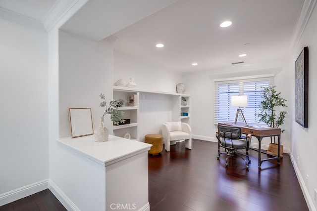2569 Bungalow Pl, Corona Del Mar, CA 92625 - office space featuring ornamental molding, dark wood-style floors, and recessed lighting