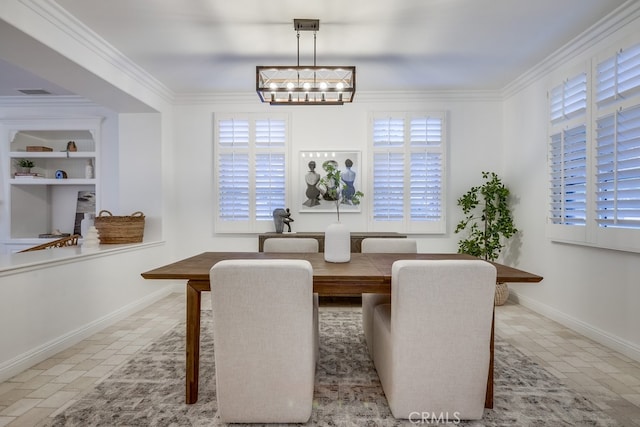 2569 Bungalow Pl, Corona Del Mar, CA 92625 - dining space featuring crown molding, built in features, and a chandelier
