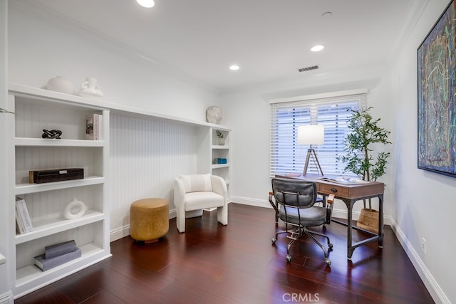 2569 Bungalow Pl, Corona Del Mar, CA 92625 - office space with ornamental molding, built in shelves, wood finished floors, and recessed lighting