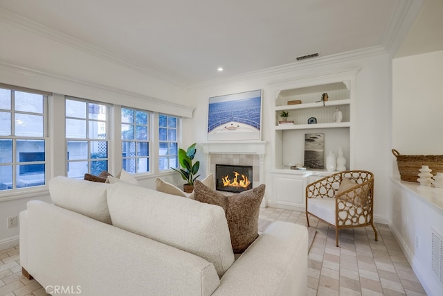 2569 Bungalow Pl, Corona Del Mar, CA 92625 - living area with a tile fireplace, crown molding, built in features, and recessed lighting