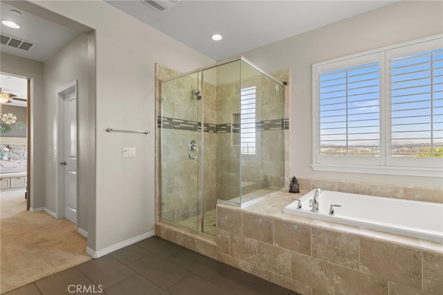 44316 Revana St, Temecula, CA 92592 - full bathroom with a bath, a stall shower, tile patterned flooring, and recessed lighting