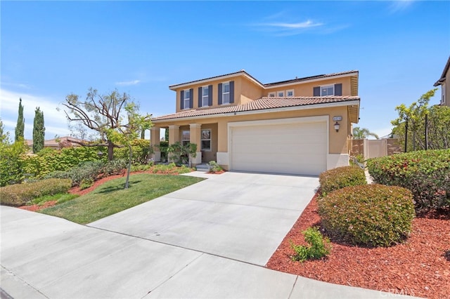 44316 Revana St, Temecula, CA 92592 - mediterranean / spanish house featuring stucco siding, driveway, solar panels, a tile roof, and an attached garage