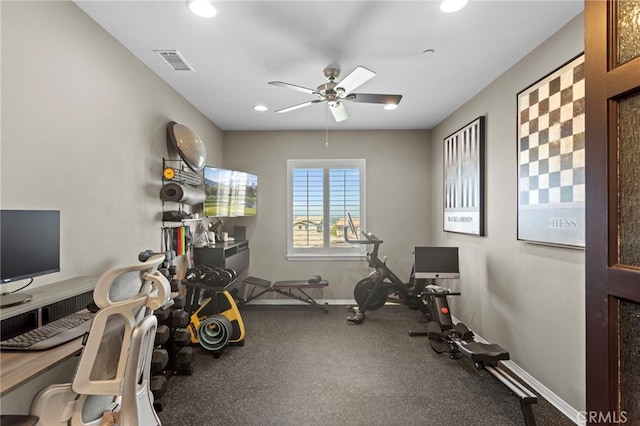44316 Revana St, Temecula, CA 92592 - workout area featuring a ceiling fan and recessed lighting