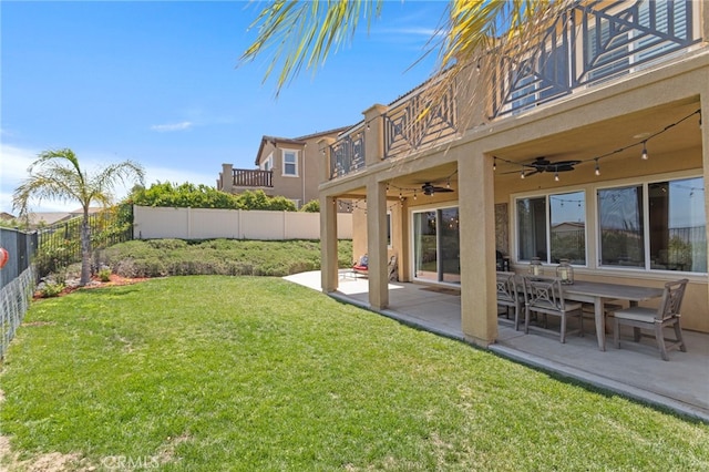 44316 Revana St, Temecula, CA 92592 - fenced backyard with a balcony, a ceiling fan, and a patio area