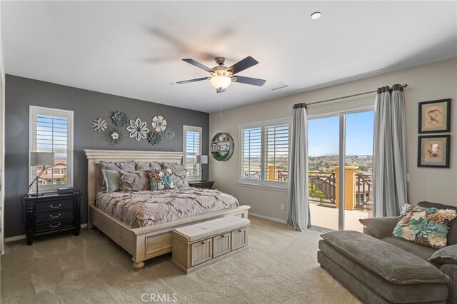 44316 Revana St, Temecula, CA 92592 - bedroom featuring access to exterior, light colored carpet, and a ceiling fan