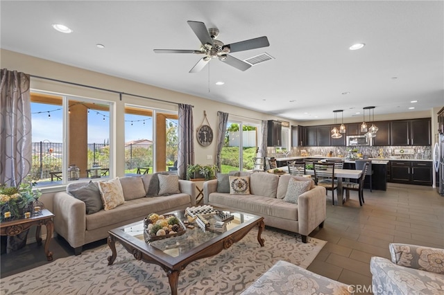 44316 Revana St, Temecula, CA 92592 - living room featuring recessed lighting, ceiling fan, and light tile patterned flooring